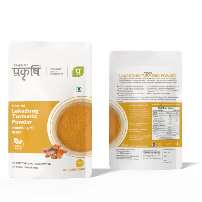 Front and back view of Prakrishi Lakadong Turmeric Powder from Meghalaya with nutrition facts