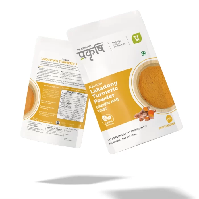 Original Lakadong Turmeric Powder packaging showing front and back details