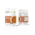 Front and back packaging of Prakrishi Natural Turmeric Latte Powder with nutrition information